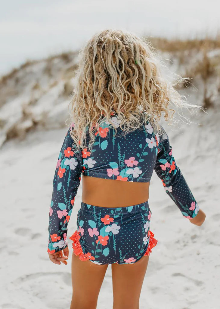 Kids Navy Floral 2 Piece Rash Guard Swimsuit