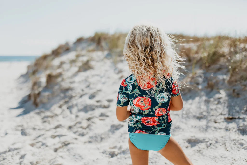 Kids Navy Rose Rash Guard Swimsuit